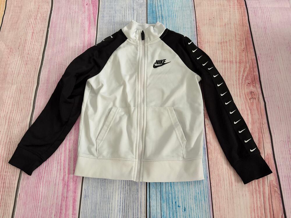 Nike Boys Zip Up Jacket Size 6 White Black Sleeves Athletic Full Zip EUC